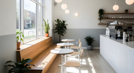 (1341) showing bright modern cafe interior with wooden bench seating and large window.の写真素材