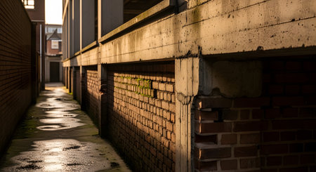A narrow alleyway with wet ground reflecting light runs alongside a brick wall and concrete...