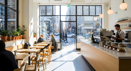 Dining showing bright modern coffee shop interior with large windows showing city street view...