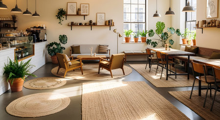 Modern showing brightly lit modern cafe interior with natural light and comfortable seating...
