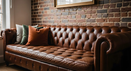 Brick showing brown leather chesterfield sofa with throw pillows against a brick wall.の写真素材