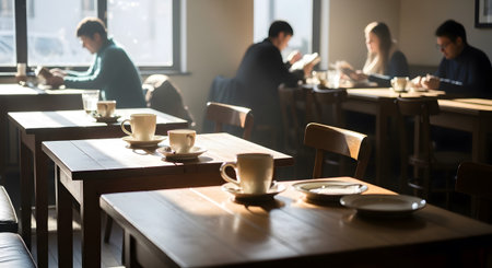 Coffee showing blurred cafe scene with patrons reading and drinking coffee at wooden tables in...の写真素材