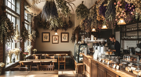 Decor showing cafe interior with abundant dried flower decor. resolution