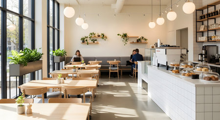 Modern showing bright modern cafe interior with large windows and abundant natural light...