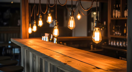 Vintage showing close-up of a wooden bar counter with vintage edison bulb lighting.