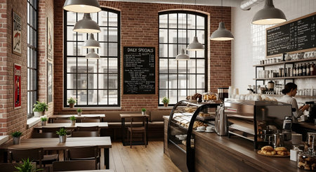 Brick showing cozy cafe interior with exposed brick walls and a wooden counter with pastries....