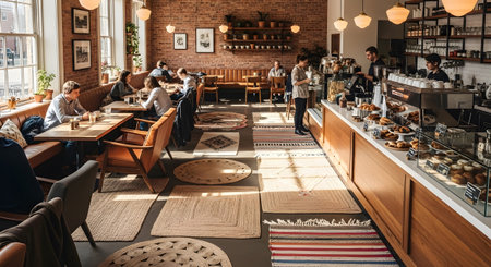 Brick showing busy cafe interior with patrons, a brick wall, and a long wooden counter...