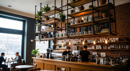 Counter showing cozy cafe interior with barista working behind a wooden counter and customers...