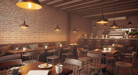 Shop showing cozy coffee shop interior with exposed brick walls wooden tables and comfortable...