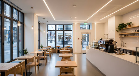 Serving showing contemporary cafe interior with large windows and linear lighting serving...