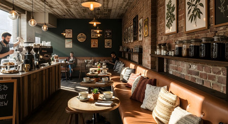 Natural showing cozy coffee shop interior with brick walls, wooden furniture, and natural light....