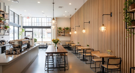 Shop showing contemporary coffee shop with long wooden table and rattan chairs. resolution...