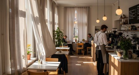 Natural showing cozy cafe interior with natural light streaming through sheer curtains and...の写真素材