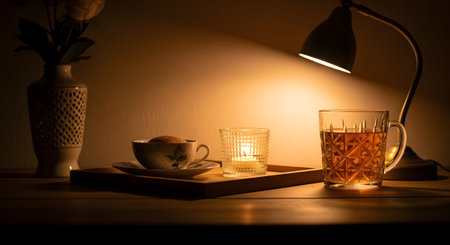 Desk showing cozy evening scene with tea, candle, and book illuminated by a desk lamp.