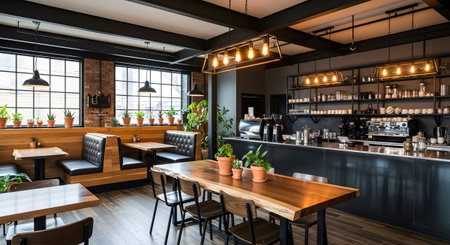 Shop showing cozy coffee shop interior with a live-edge wooden table, brick accents, and...