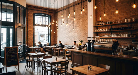 Warm light illuminates a cafe with brick walls, wooden tables, and patrons enjoying the cozy...