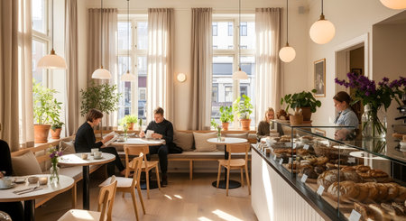 Cozy showing cozy cafe interior with people enjoying coffee and pastries near large windows and...の写真素材