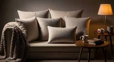Throw showing cozy living room sofa with textured beige pillows and a knitted throw blanket...