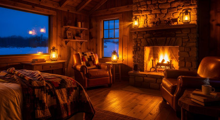 Showing cozy log cabin interior with fireplace, bed, and leather chairs. resolution...の写真素材