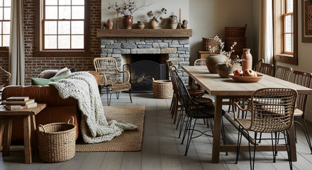 Living showing cozy rustic living room with stone fireplace and woven furniture. resolution...
