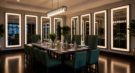 Lighting showing dining room with long table and tall mirrors illuminated by warm lighting.