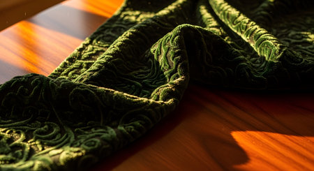 Deep green velvet fabric with an ornate swirling pattern is draped across a polished wooden...