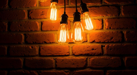Four vintage edison bulbs with visible filaments hang in front of a rough brick wall, casting a...