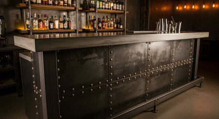 Dark showing dark industrial bar counter with metal panels and rivets and shelves of bottles in...の写真素材