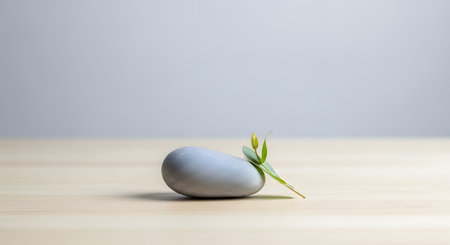 Grey showing grey stone with a small green sprout resting on a wooden surface. resolution...