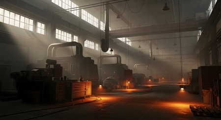 Factory showing dimly lit industrial factory with orange glow and machinery. resolution...