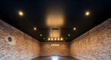 (1589) showing empty industrial room with brick walls, black ceiling, and modern chandelier....