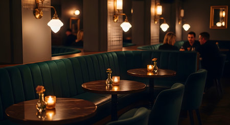 (117) showing dimly lit restaurant booth seating with small tables and glowing candles and...