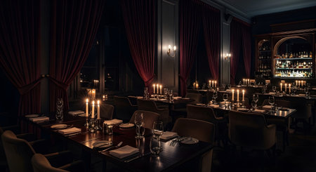 Dinner showing dining room with tables set for dinner by candlelight and red velvet curtains....の写真素材