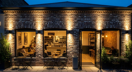 Modern showing facade of a modern brick cafe with outdoor seating and warm interior lighting at...