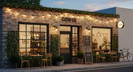 Exterior showing exterior of a charming brick coffee shop adorned with string lights and lush...
