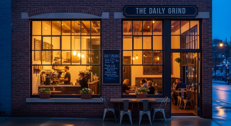 (414) showing evening view of the daily grind cafe with illuminated interior and wet street....