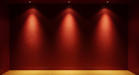 An empty room with dark red walls and three bright spotlights shining down onto the wooden floor.