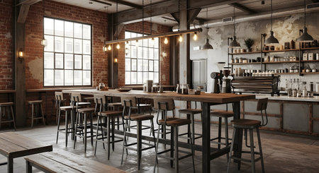 An industrial style coffee shop with a long wooden bar, metal stools, exposed brick, and...