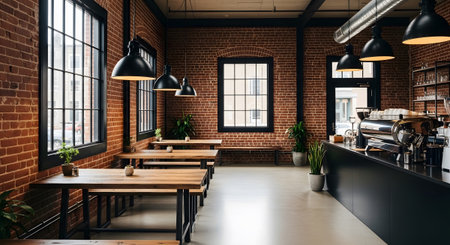 (1784) showing industrial style cafe with red brick walls, large windows, and wooden tables....