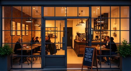 Grind showing interior and exterior view of the coffee shop at dusk with patrons....