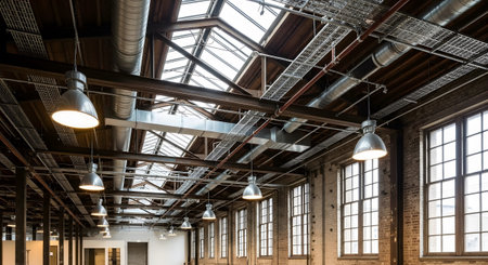 With showing interior view of a spacious industrial loft with exposed beams and large windows....
