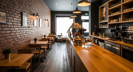 Counter showing interior view of a modern coffee shop with exposed brick walls, wooden tables,...