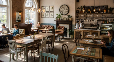 A bright cafe interior filled with people working and relaxing at various tables and comfortable...の写真素材