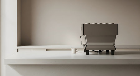 A sleek espresso machine sits on a light-colored countertop next to a small white mug,...の写真素材