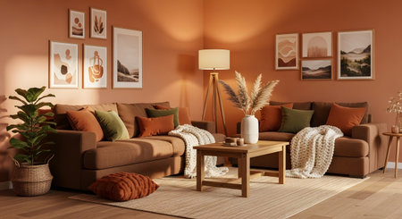 A cozy living room two brown sofas, a wooden coffee table, and terracotta accents, creating a...の写真素材