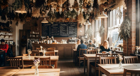 Decor showing busy cafe interior with dried flower decor and patrons. resolution
