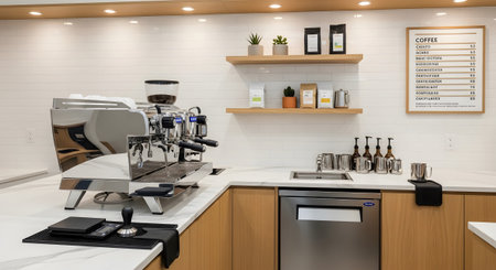 Counter showing corner coffee shop counter with espresso machine sink and menu board.の写真素材