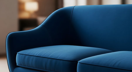 Chic showing close-up of a deep blue velvet sofa with plush cushions and stitching detail...の写真素材