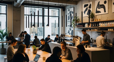Coffee showing busy modern coffee shop interior with people working and baristas serving...