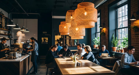 Warm lighting illuminates a bustling cafe interior with people working on laptops and enjoying...